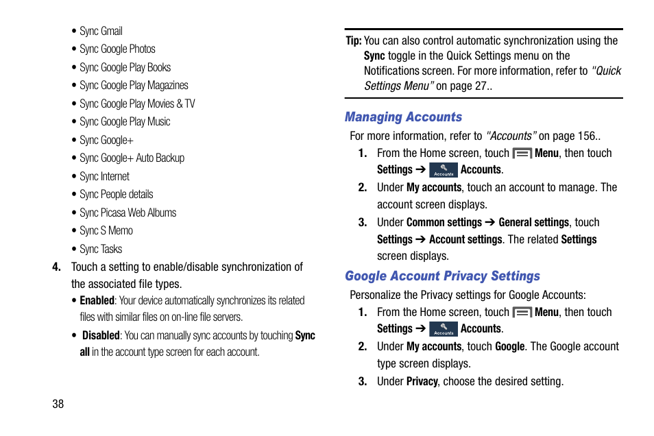 Managing accounts, Google account privacy settings | Samsung SCH-L710MBBXAR User Manual | Page 44 / 176