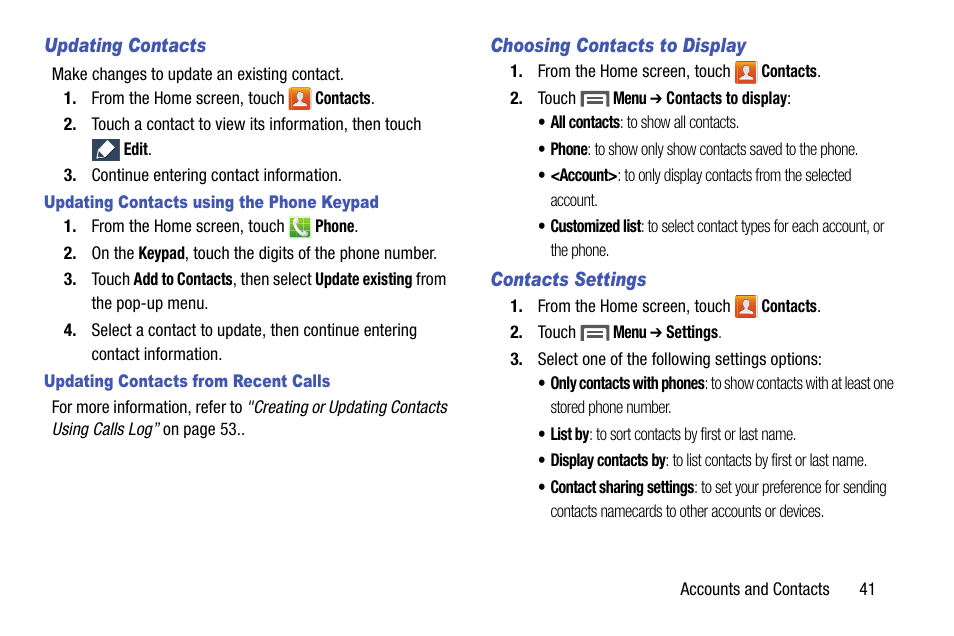 Updating contacts, Updating contacts using the phone keypad, Updating contacts from recent calls | Choosing contacts to display, Contacts settings | Samsung SCH-L710MBBXAR User Manual | Page 47 / 176