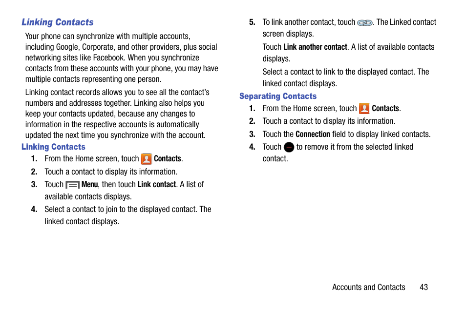 Linking contacts, Separating contacts | Samsung SCH-L710MBBXAR User Manual | Page 49 / 176