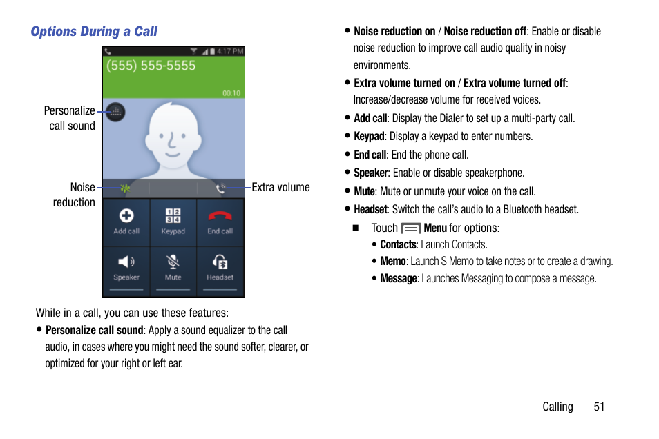 Options during a call | Samsung SCH-L710MBBXAR User Manual | Page 57 / 176