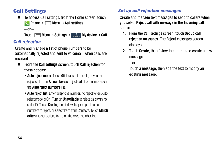 Call settings, Call rejection, Set up call rejection messages | Samsung SCH-L710MBBXAR User Manual | Page 60 / 176