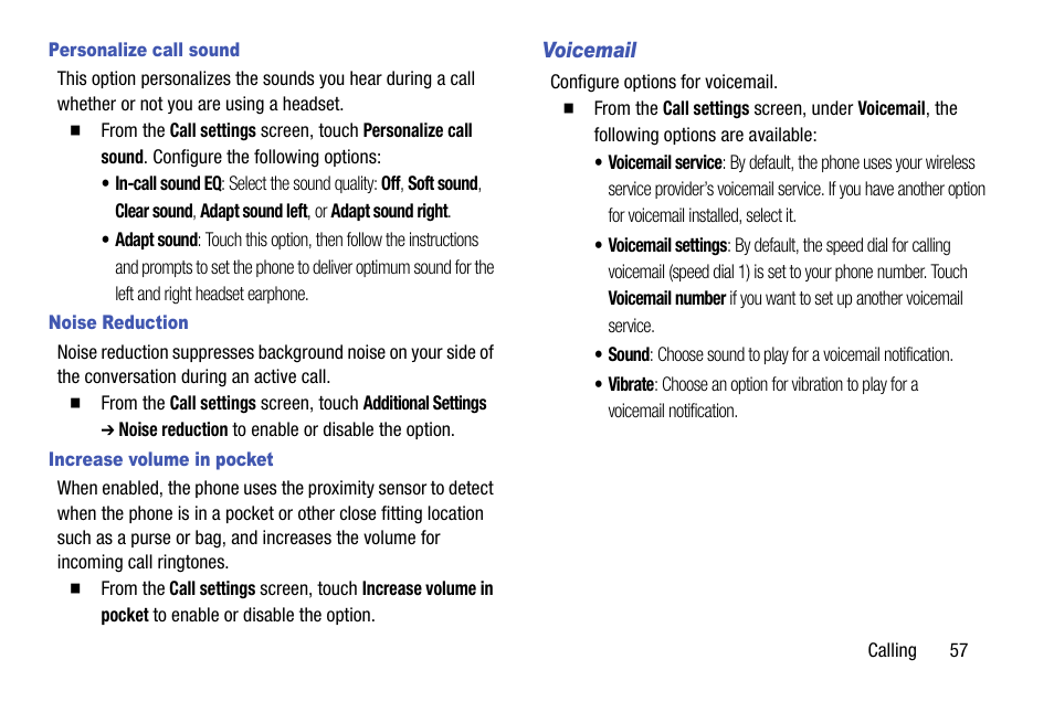 Personalize call sound, Noise reduction, Increase volume in pocket | Voicemail | Samsung SCH-L710MBBXAR User Manual | Page 63 / 176