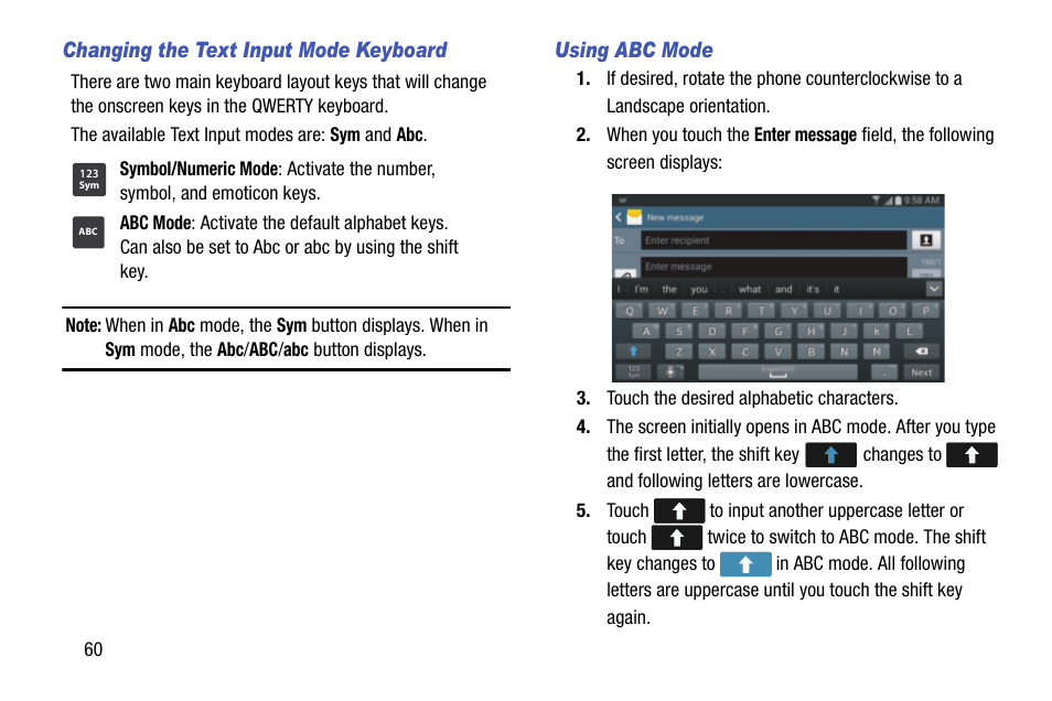 Changing the text input mode keyboard, Using abc mode | Samsung SCH-L710MBBXAR User Manual | Page 66 / 176