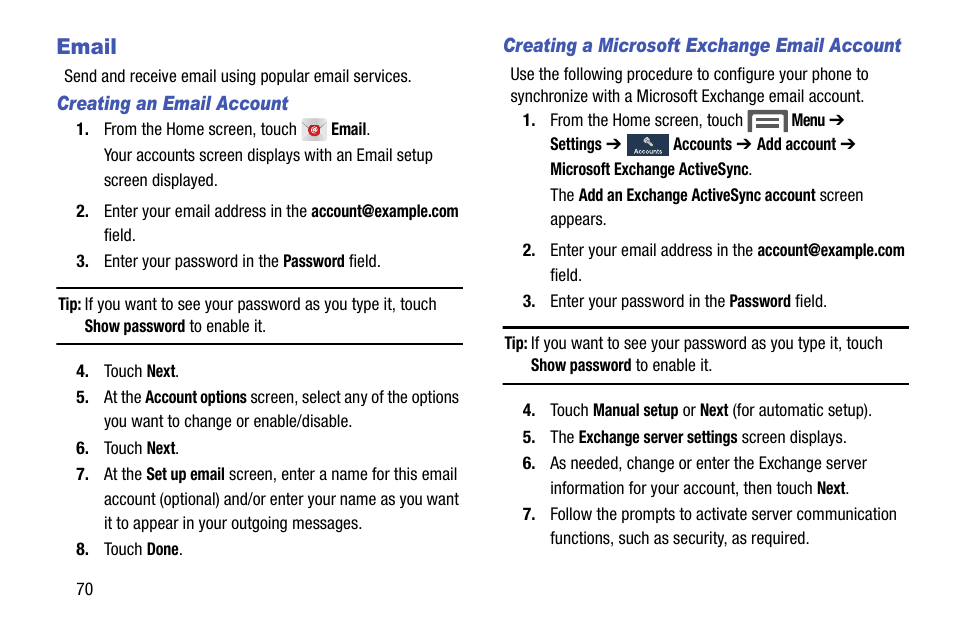 Email, Creating an email account, Creating a microsoft exchange email account | Samsung SCH-L710MBBXAR User Manual | Page 76 / 176