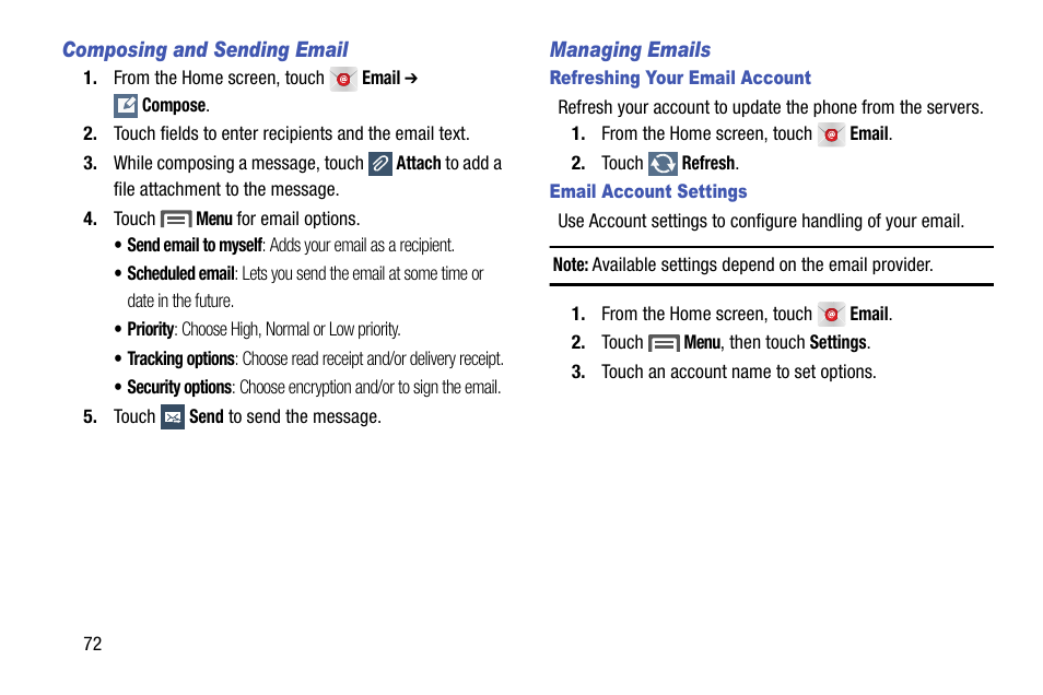 Composing and sending email, Managing emails, Refreshing your email account | Email account settings, Composing and sending email” on | Samsung SCH-L710MBBXAR User Manual | Page 78 / 176