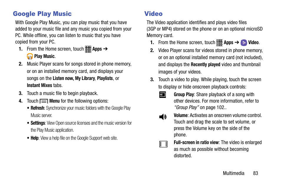 Google play music, Video, Google play music video | Samsung SCH-L710MBBXAR User Manual | Page 89 / 176