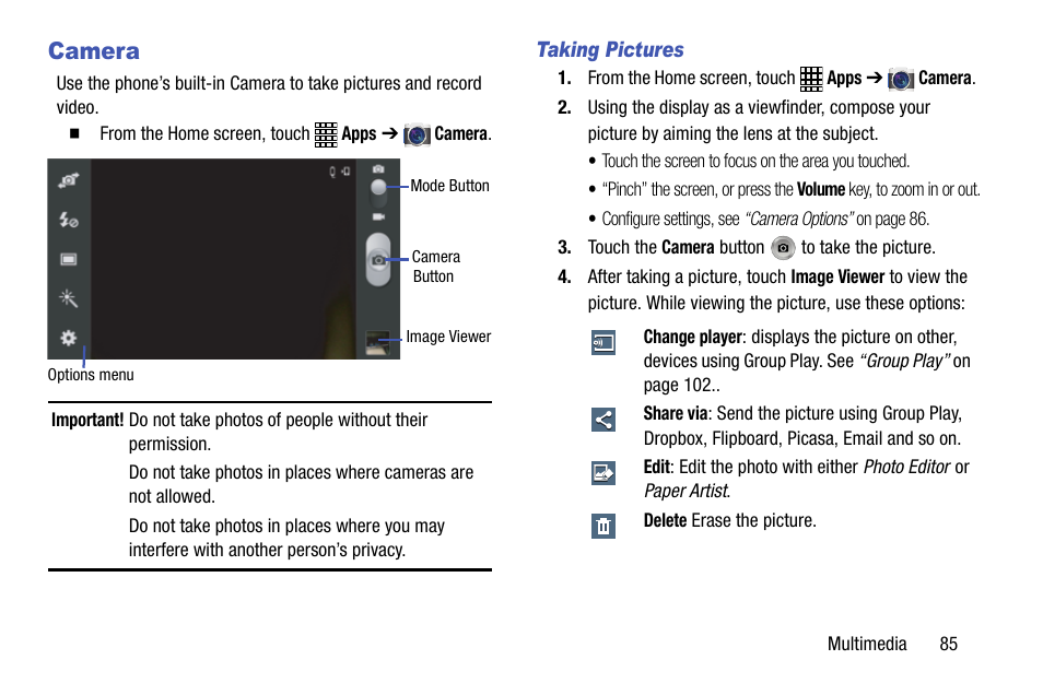 Camera, Taking pictures | Samsung SCH-L710MBBXAR User Manual | Page 91 / 176