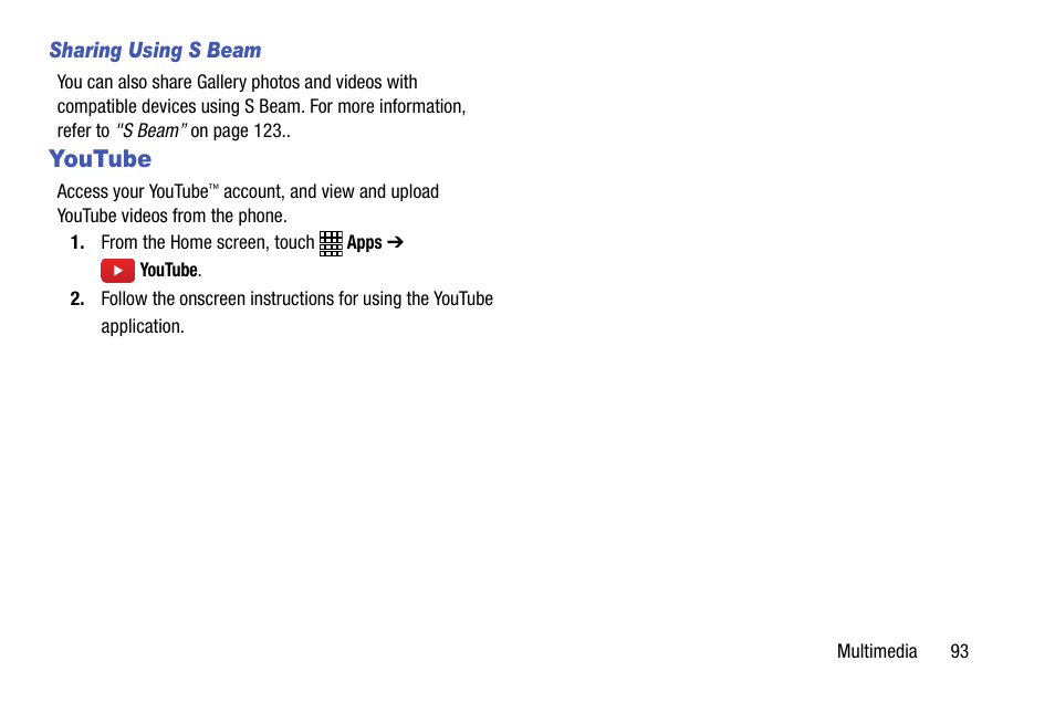 Sharing using s beam, Youtube | Samsung SCH-L710MBBXAR User Manual | Page 99 / 176