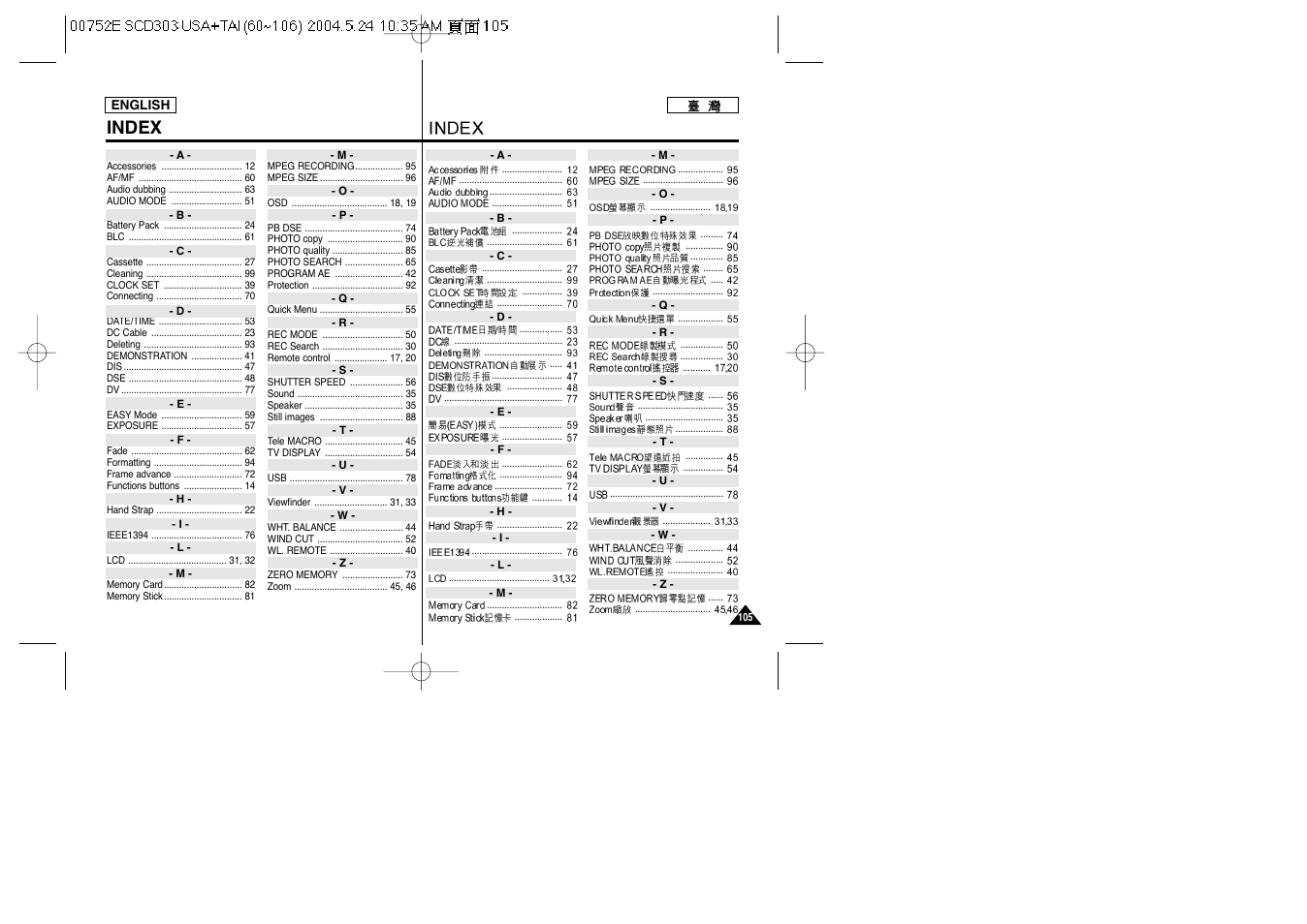 Index | Samsung SC-D305-XAP User Manual | Page 105 / 106