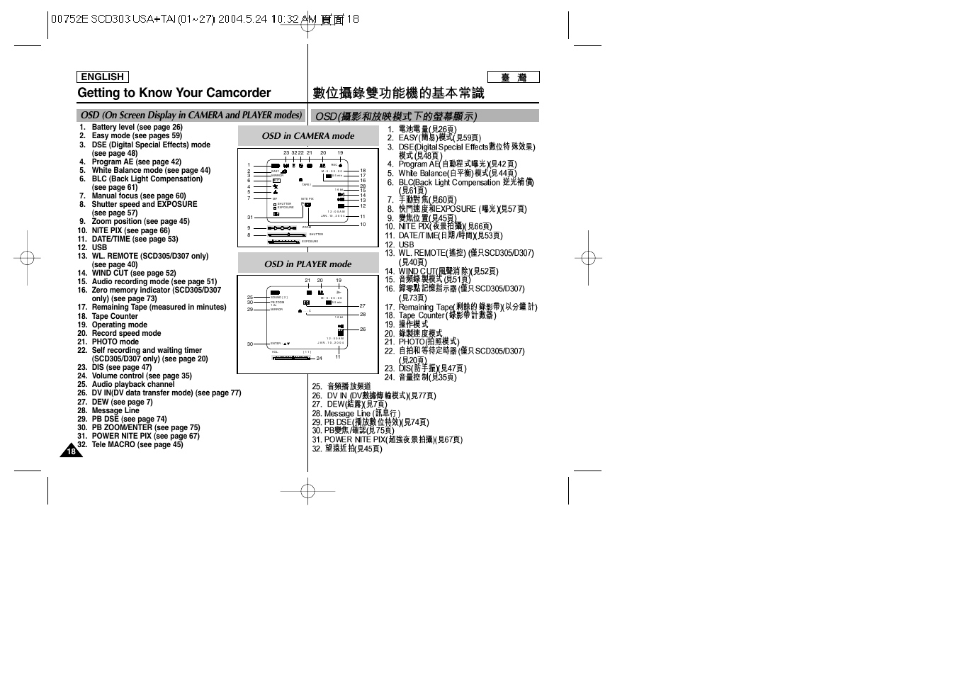 Getting to know your camcorder, Osd (on screen display in camera and player modes), English | Osd in camera mode, Osd in player mode | Samsung SC-D305-XAP User Manual | Page 18 / 106
