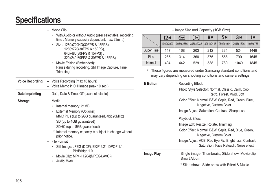 Specifi cations | Samsung EC-HZ15WABP-US User Manual | Page 107 / 117