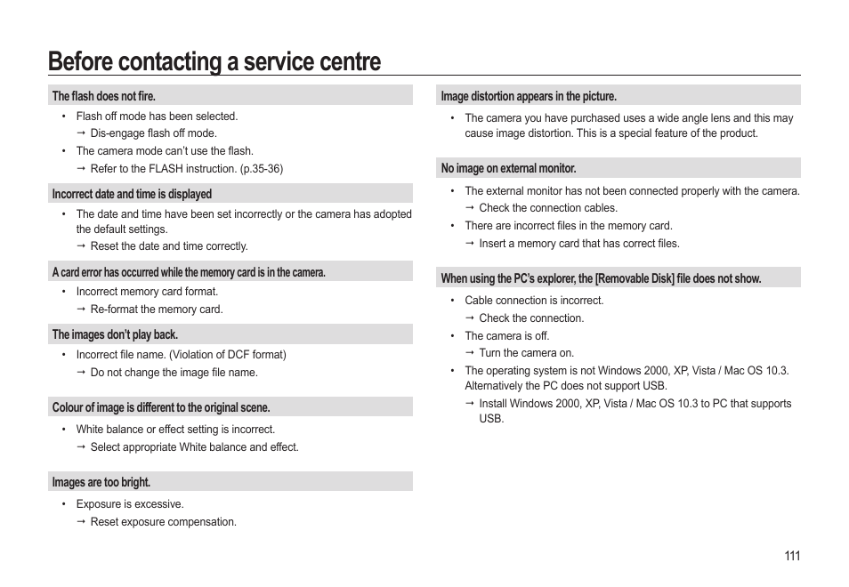 Before contacting a service centre | Samsung EC-HZ15WABP-US User Manual | Page 112 / 117