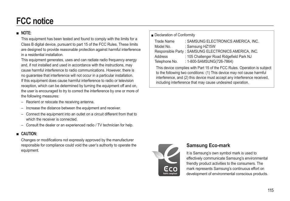 Fcc notice | Samsung EC-HZ15WABP-US User Manual | Page 116 / 117