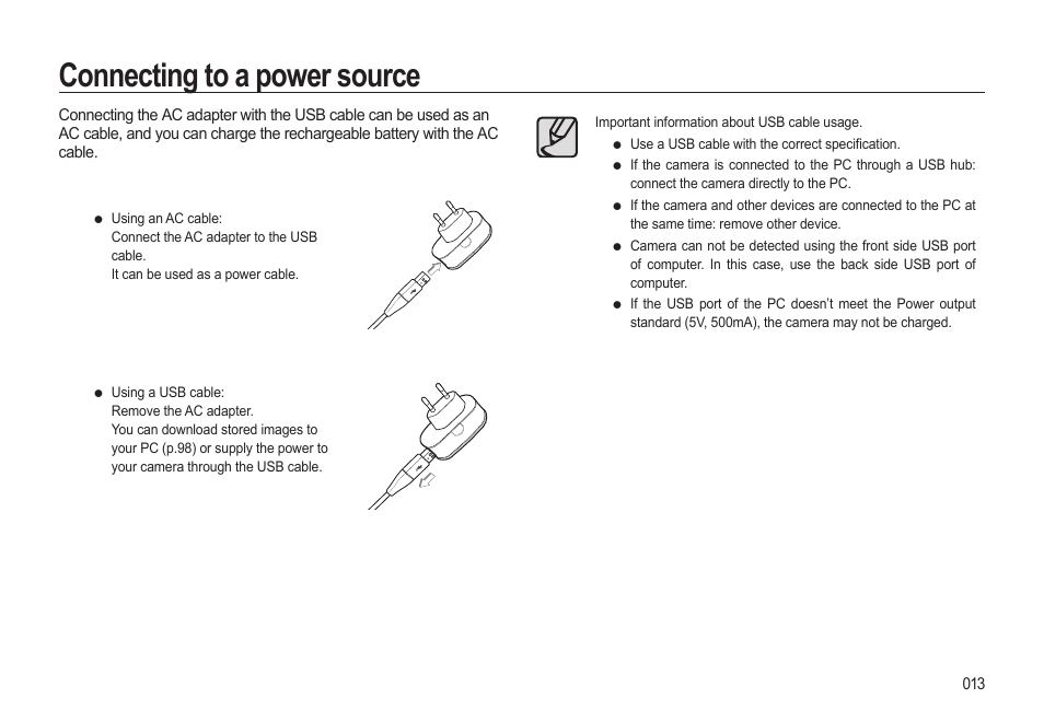 Connecting to a power source | Samsung EC-HZ15WABP-US User Manual | Page 14 / 117