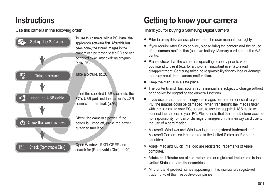 Instructions, Getting to know your camera | Samsung EC-HZ15WABP-US User Manual | Page 2 / 117