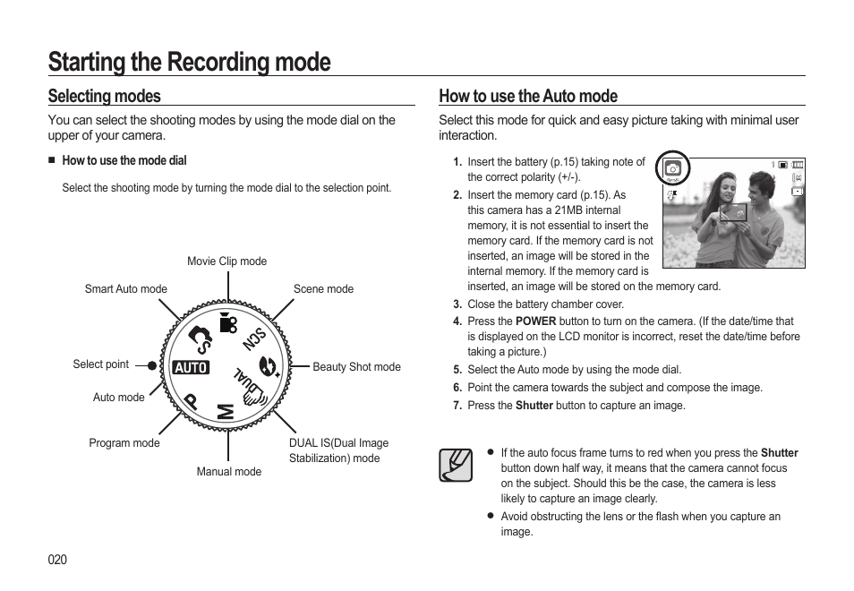 Starting the recording mode, How to use the auto mode, Selecting modes | Samsung EC-HZ15WABP-US User Manual | Page 21 / 117