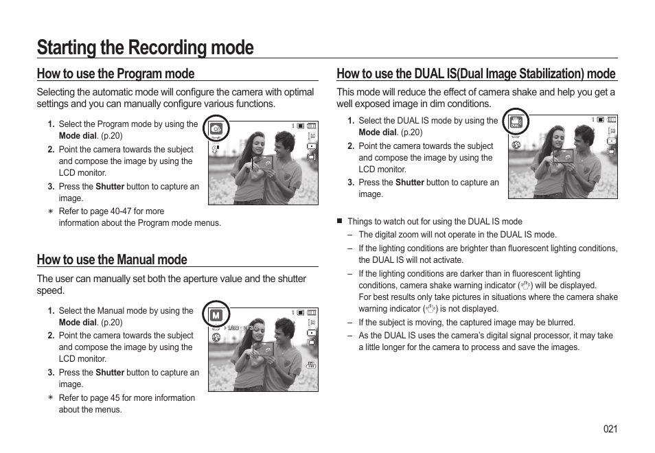 Starting the recording mode, How to use the program mode, How to use the manual mode | Samsung EC-HZ15WABP-US User Manual | Page 22 / 117