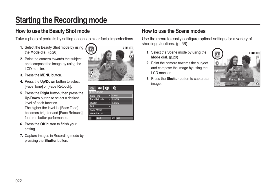 Starting the recording mode, How to use the beauty shot mode, How to use the scene modes | Samsung EC-HZ15WABP-US User Manual | Page 23 / 117