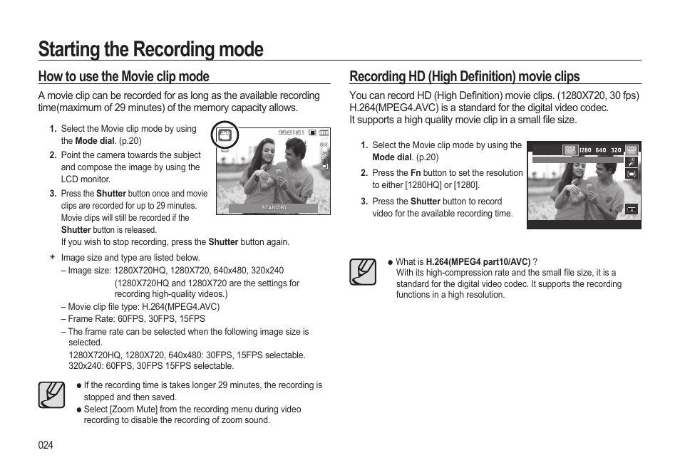 Starting the recording mode, How to use the movie clip mode, Recording hd (high defi nition) movie clips | Samsung EC-HZ15WABP-US User Manual | Page 25 / 117