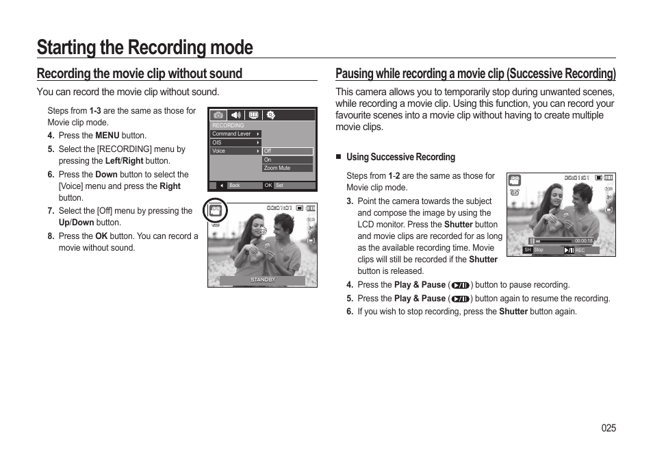 Starting the recording mode, Recording the movie clip without sound | Samsung EC-HZ15WABP-US User Manual | Page 26 / 117