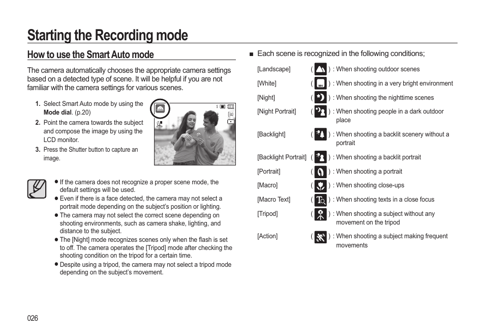 Starting the recording mode, How to use the smart auto mode | Samsung EC-HZ15WABP-US User Manual | Page 27 / 117