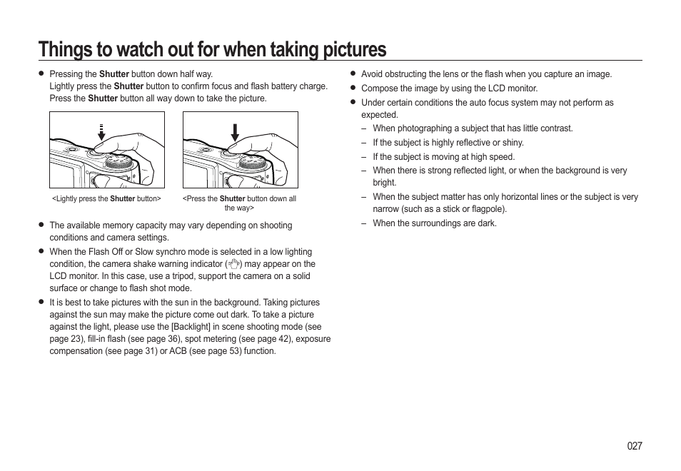 Things to watch out for when taking pictures | Samsung EC-HZ15WABP-US User Manual | Page 28 / 117