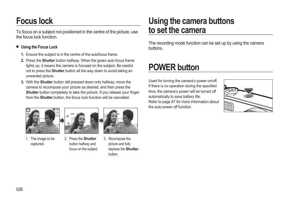 Using the camera buttons to set the camera, Power button, Focus lock | Samsung EC-HZ15WABP-US User Manual | Page 29 / 117