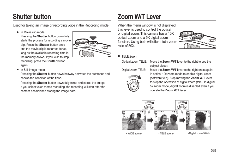 Shutter button, Zoom w/t lever | Samsung EC-HZ15WABP-US User Manual | Page 30 / 117
