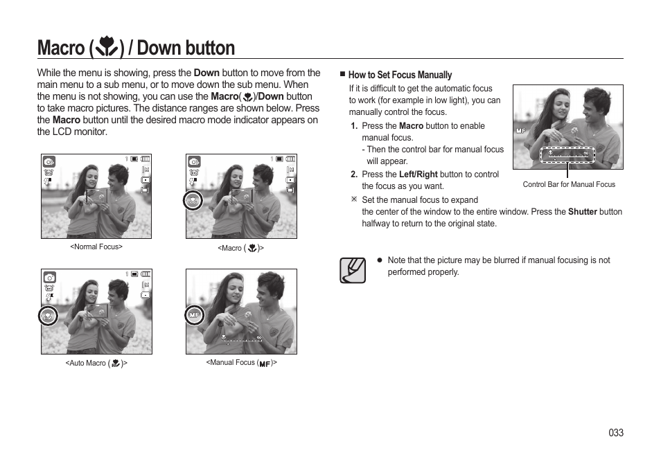 Macro, Down button | Samsung EC-HZ15WABP-US User Manual | Page 34 / 117