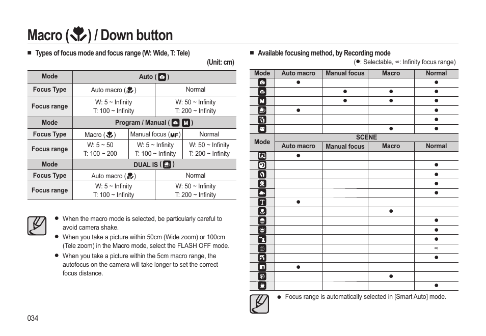 Macro, Down button | Samsung EC-HZ15WABP-US User Manual | Page 35 / 117