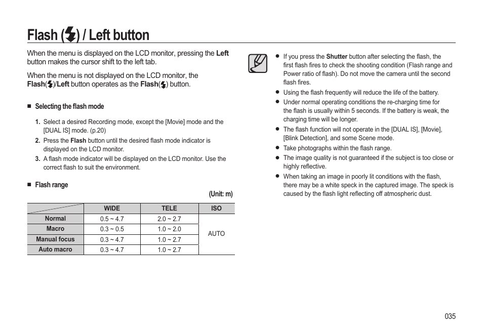 Flash ( ) / left button | Samsung EC-HZ15WABP-US User Manual | Page 36 / 117