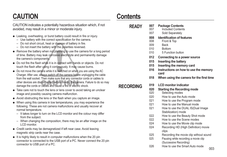 Caution contents, Ready recording | Samsung EC-HZ15WABP-US User Manual | Page 4 / 117