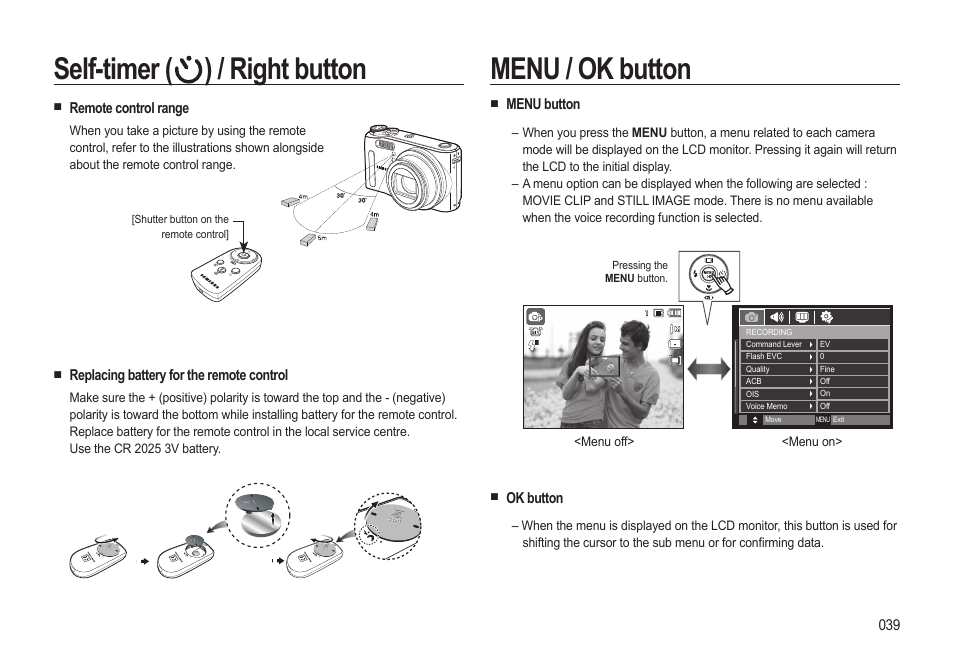 Self-timer ( ) / right button, Menu / ok button | Samsung EC-HZ15WABP-US User Manual | Page 40 / 117