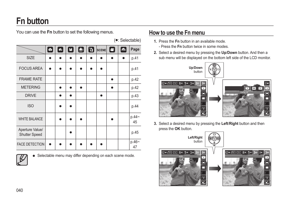 Fn button, How to use the fn menu | Samsung EC-HZ15WABP-US User Manual | Page 41 / 117