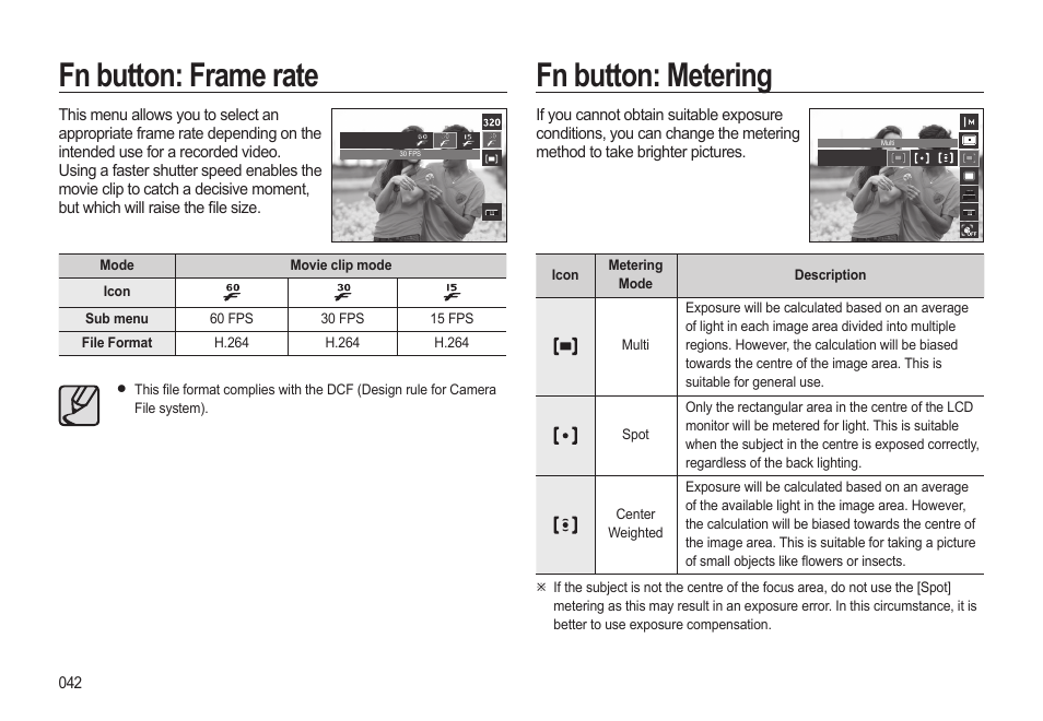 Fn button: frame rate, Fn button: metering | Samsung EC-HZ15WABP-US User Manual | Page 43 / 117