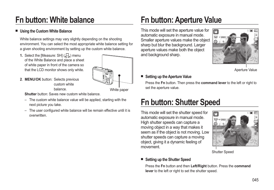 Fn button: white balance, Fn button: aperture value, Fn button: shutter speed | Samsung EC-HZ15WABP-US User Manual | Page 46 / 117