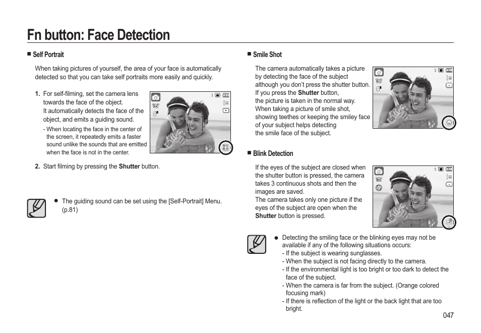 Fn button: face detection | Samsung EC-HZ15WABP-US User Manual | Page 48 / 117