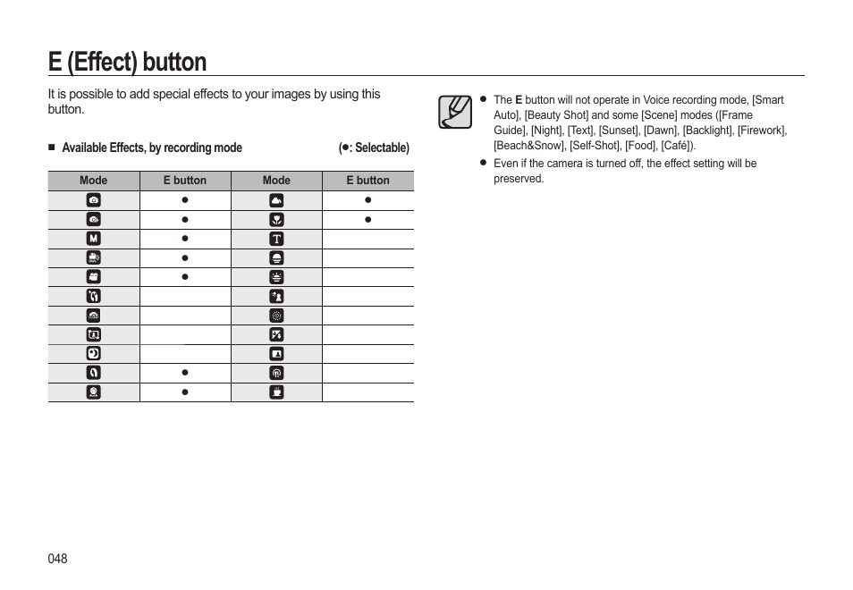 E (effect) button | Samsung EC-HZ15WABP-US User Manual | Page 49 / 117