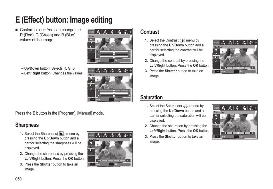 E (effect) button: image editing, Sharpness, Contrast | Saturation, Press the e button in the [program], [manual] mode | Samsung EC-HZ15WABP-US User Manual | Page 51 / 117