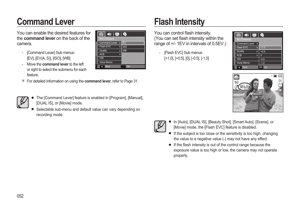 Command lever, Flash intensity | Samsung EC-HZ15WABP-US User Manual | Page 53 / 117