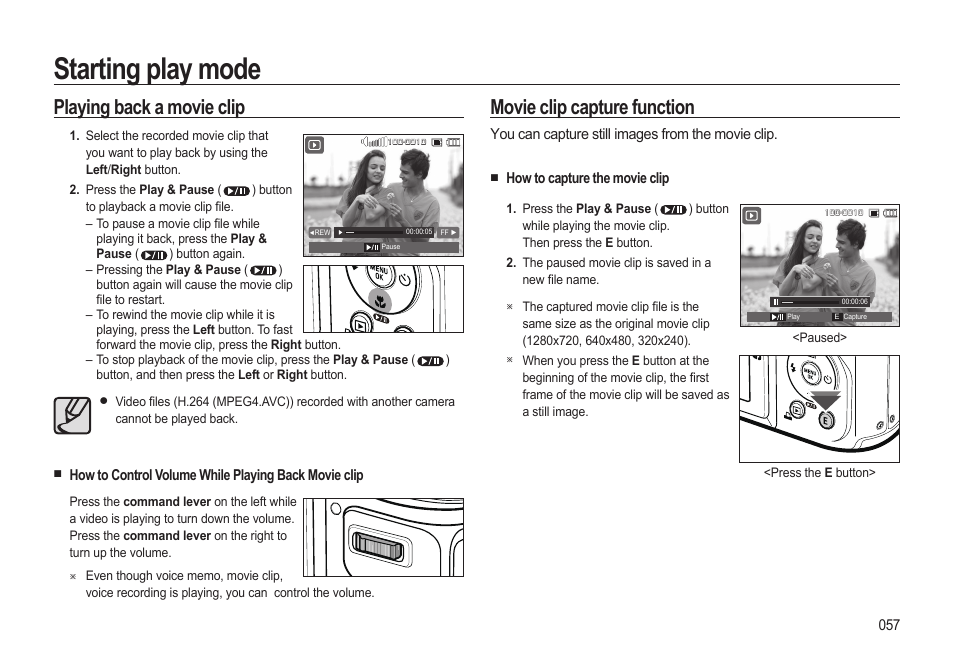 Starting play mode, Playing back a movie clip, Movie clip capture function | Samsung EC-HZ15WABP-US User Manual | Page 58 / 117