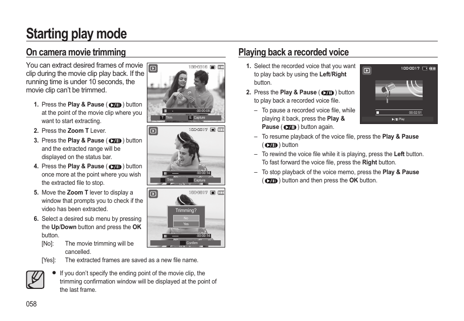 Starting play mode, On camera movie trimming, Playing back a recorded voice | Samsung EC-HZ15WABP-US User Manual | Page 59 / 117