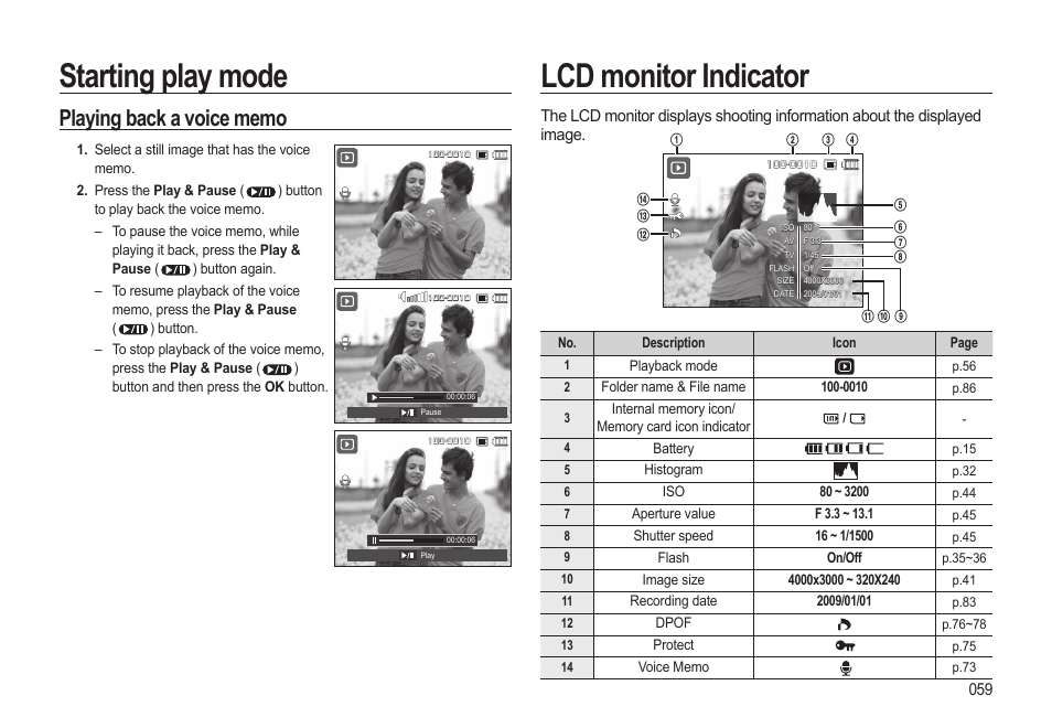 Starting play mode, Lcd monitor indicator | Samsung EC-HZ15WABP-US User Manual | Page 60 / 117