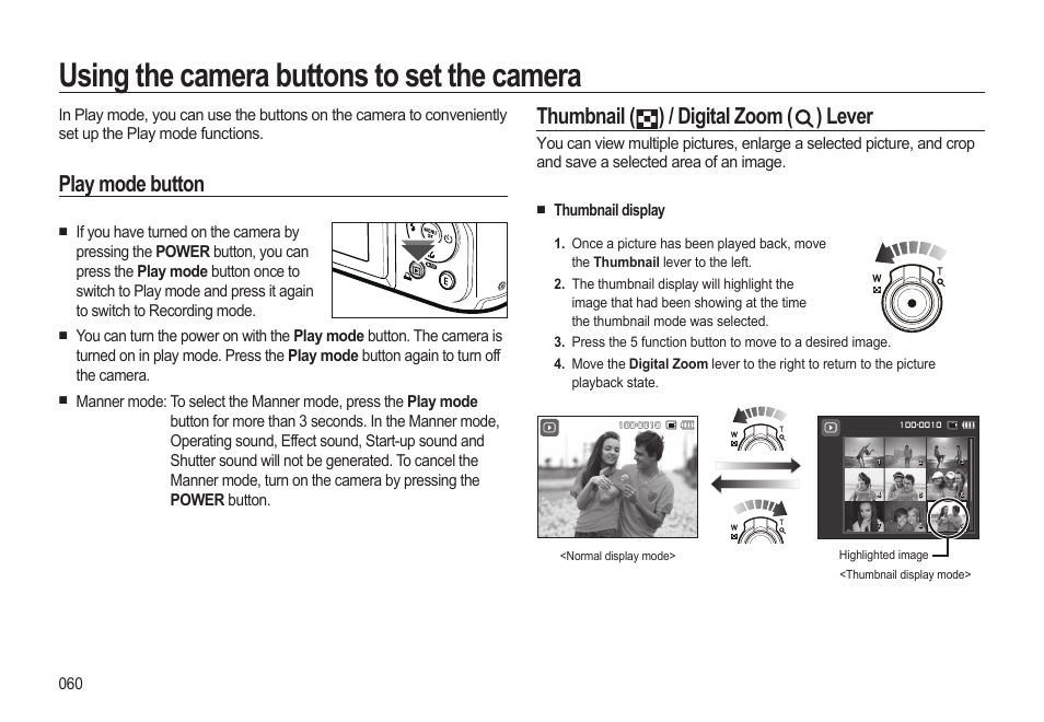 Using the camera buttons to set the camera, Thumbnail ( ) / digital zoom ( ) lever, Play mode button | Thumbnail display | Samsung EC-HZ15WABP-US User Manual | Page 61 / 117