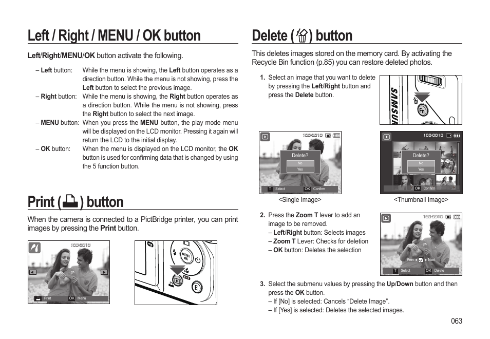 Delete ( ) button, Left / right / menu / ok button, Print ( ) button | Samsung EC-HZ15WABP-US User Manual | Page 64 / 117