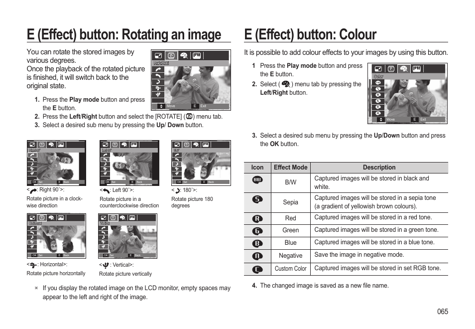 E (effect) button: rotating an image, E (effect) button: colour | Samsung EC-HZ15WABP-US User Manual | Page 66 / 117