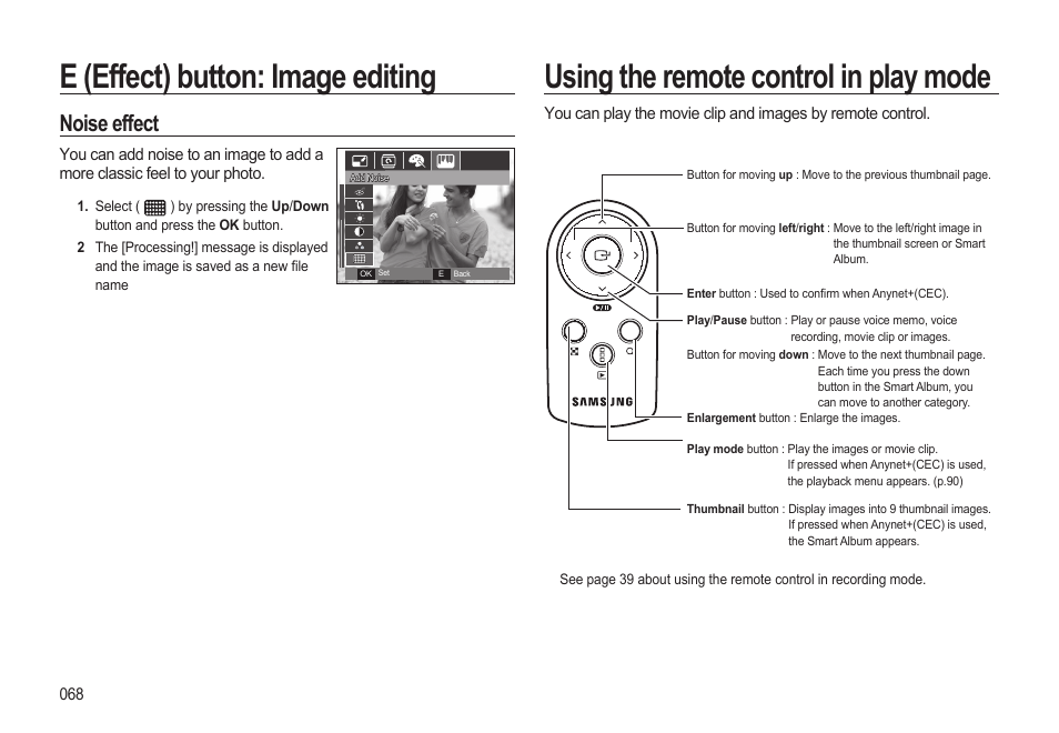 Using the remote control in play mode, E (effect) button: image editing, Noise effect | Samsung EC-HZ15WABP-US User Manual | Page 69 / 117