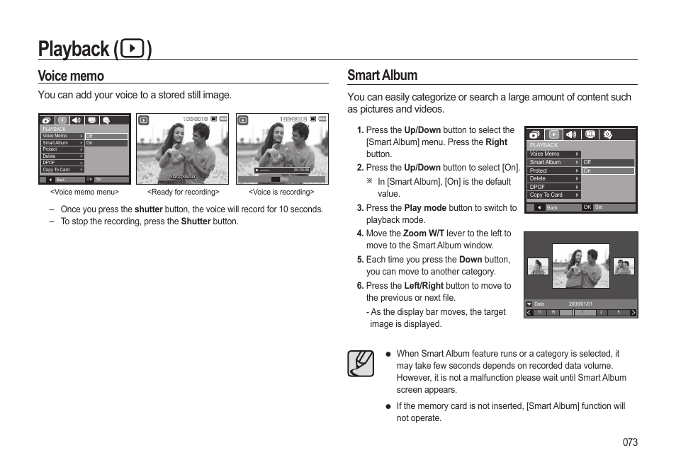 Playback ( ), Smart album, You can add your voice to a stored still image | Samsung EC-HZ15WABP-US User Manual | Page 74 / 117