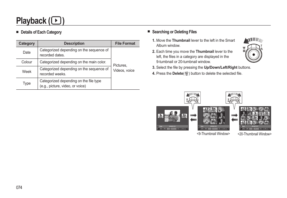 Playback ( ), Searching or deleting files, Details of each category | Samsung EC-HZ15WABP-US User Manual | Page 75 / 117