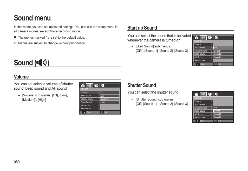 Sound ( ), Sound menu, Volume | Start up sound, Shutter sound | Samsung EC-HZ15WABP-US User Manual | Page 81 / 117